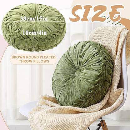 1 Pcs Round Throw Pillows Decorative Velvet Pleated Throw Pillows 15'' Diameter Accent Pumpkin Boho Chair Cushion for Couch Sofa Chair Bed Home Decoration (Green)