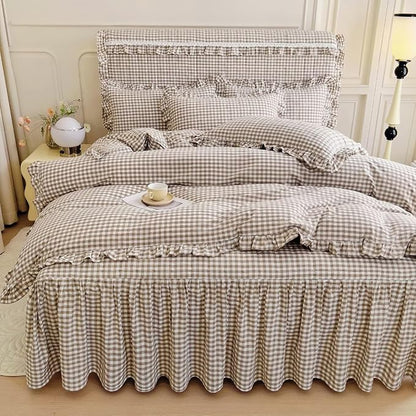 mixinni Vintage Ruffle Tan Gingham Comforter Set 3-Piece Washed Cotton King Beige Grid Bedding Set with Taupe Geometric Checkered Pattern, Farmhouse Chic Soft Fluffy Comforter for All-Season