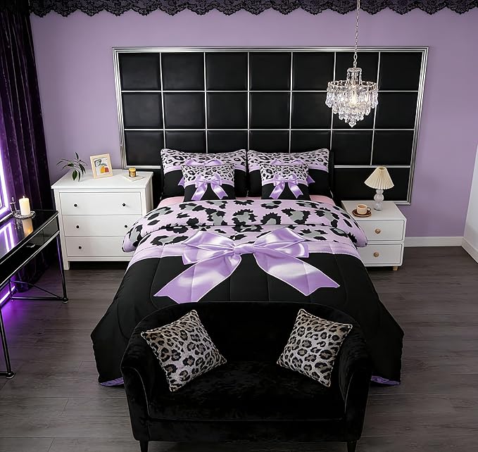 Feelyou Purple Silk Bowknot 7 Piece Bedding Set Queen Size Grey Leopard Comforter Set with Sheets for Kids Girls Women Black Purple Bed in a Bag Sweet Romantic Bed Set