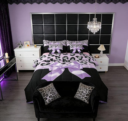 Feelyou Purple Silk Bowknot 7 Piece Bedding Set Twin Size Grey Leopard Comforter Set with Sheets for Kids Girls Women Black Purple Bed in a Bag Sweet Romantic Bed Set