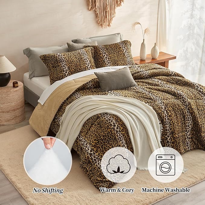 Petrichor Leopard Velvet Flannel Queen Comforter Set-Cheetah Print Western Blanket,Luxury Fuzzy Heavy Bedding Set, 3 Pieces Plush Winter Bed Set with Comforter (90"x90") & 2 Pillow Shams (20"x26")
