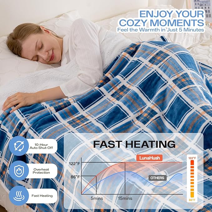 Twin Size Electric Blanket Heated, 62" x 84" Blue Plaid Heated Blanket with 8 Heat Levels & 10 Hours Auto Off, Fast Heating Blankets Machine Washable with ETL & FCC Certification