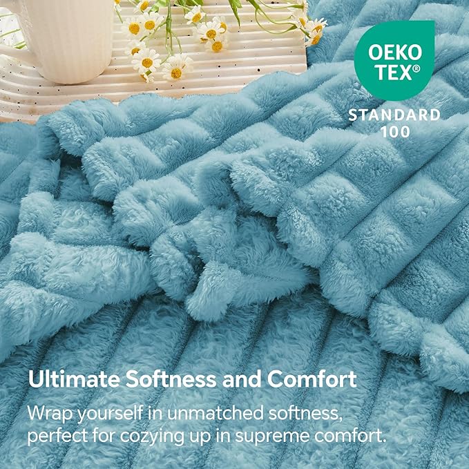BEDELITE Washed Blue Throw Blanket for Couch and Bed- Super Soft and Warm 3D Checkered Fluffy Fuzzy Fleece Blanket, Luxurious Plush Cozy Blanket for Room Decor Spring, 50x60 inches