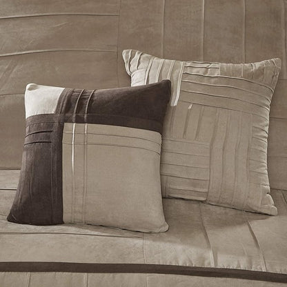 Madison Park Cozy Comforter Set Casual Blocks Design All Season, Matching Bed Skirt, Decorative Pillows, Queen(90"x90"), Dune Suede, Beige Brown, 7 Piece