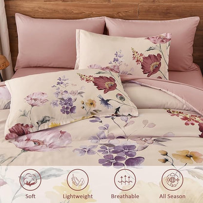 DJY 7 Pieces King Floral Comforter Set, Cream & Blush Botanical Bed in a Bag, Soft Microfiber Comforter and Sheet Set with Flower Leaves Pattern, Floral Bedding Set for All Season(104''x90'')