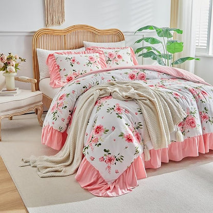 Flower Comforter Set Twin Size 68 * 86in - White Pink Floral with Green Leave Style -3 Pieces Shabby Chic Farmhouse Bedding with Ruffled Fringe Rustic Lightweight Fluffy Ruffle Comforter with Shams