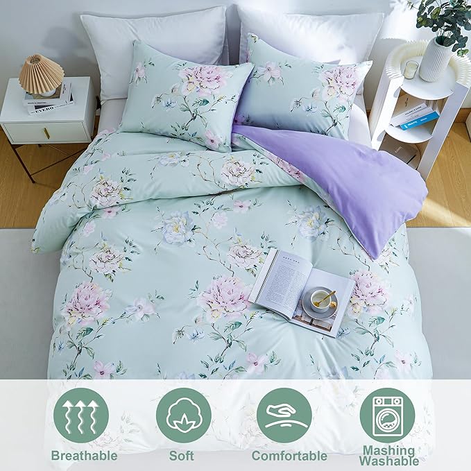 BOLINLIVING Floral Full Comforter Set, Soft Breathable Bed in a Bag King Size 3 Pieces, Green and Purple Floral Bedding Set for All Season, 1 Comforter & 2 Pillowcases