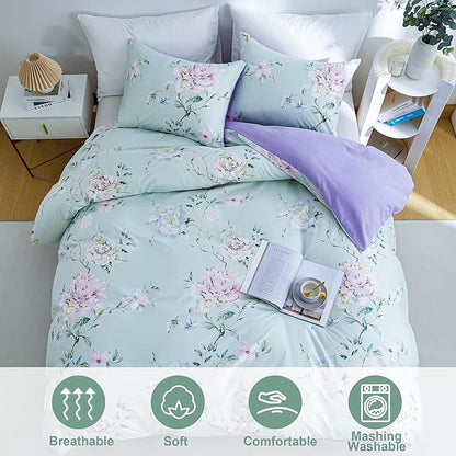 BOLINLIVING Floral Queen Comforter Set 3 Pieces, Soft Breathable Bed in a Bag Queen Size, Green and Purple Floral Bedding Set for All Season, 1 Comforter & 2 Pillowcases