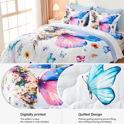 7 Piece Butterfly Comforter Set Full Size 3D Colorful Floral Butterflies Bedding Set for Kids Girls Women for Birthday