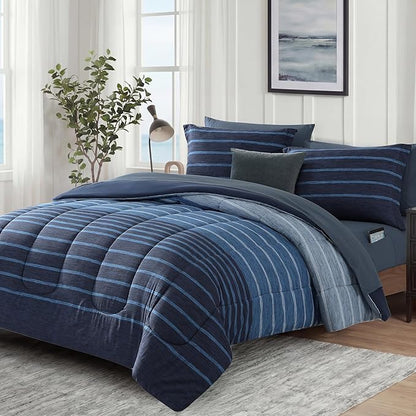 Monbix King Size Comforter Set - 7 Pieces Bed in a Bag King, Navy Blue-Stripe Bedding Sets, All Seasons Comforter Bed Set with Sheets, Pillowcases & Shams