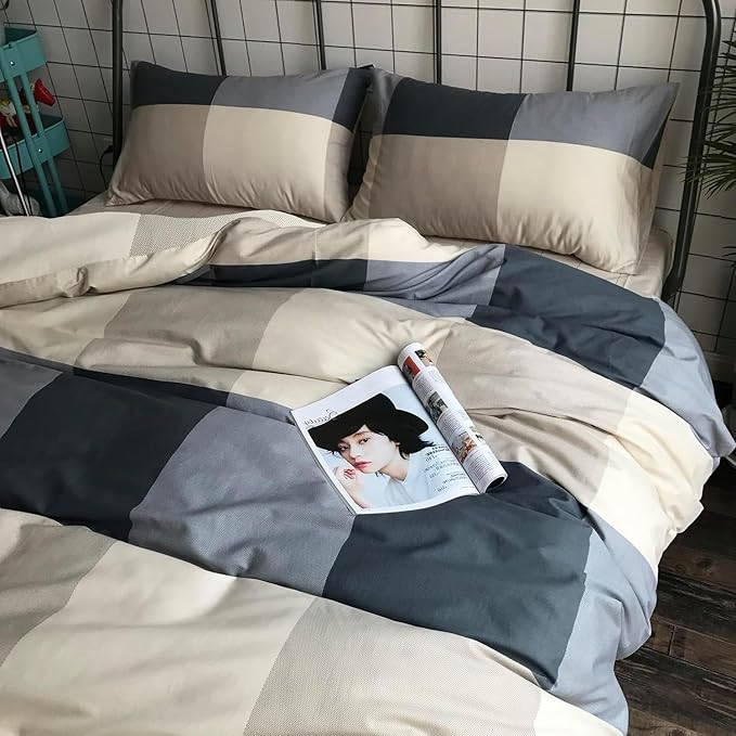 VM VOUGEMARKET Plaid Comforter Set Twin,3 Pieces Black Gray Grid Bedding Comforter with 2 Pillowcases Modern Simple Farmhouse Down Comforter Set for Teen Boys