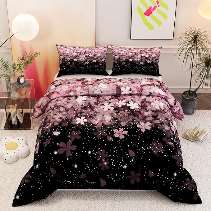 Flower Tree Comforter Sets for Kids Adults,3D Pattern Pink Color,Decorative Bedding Comforter Sets with 2 Pillow Shams, King Size