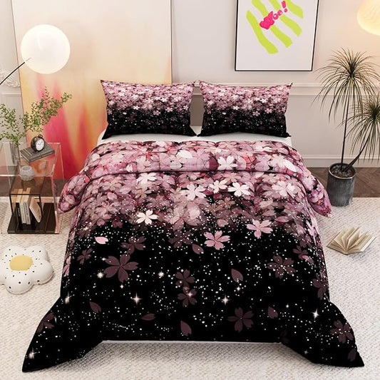 Flower Tree Comforter Sets for Kids Adults,3D Pattern Pink Color,Decorative Bedding Comforter Sets with 2 Pillow Shams, King Size