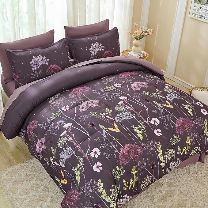 Yiran Purple Comforter Set King Size, 7 Piece Floral Dandelion Comforter Bedding Set, Botanical Bed in a Bag King, Soft Microfiber Complete Bedding Set with Sheets for All Season