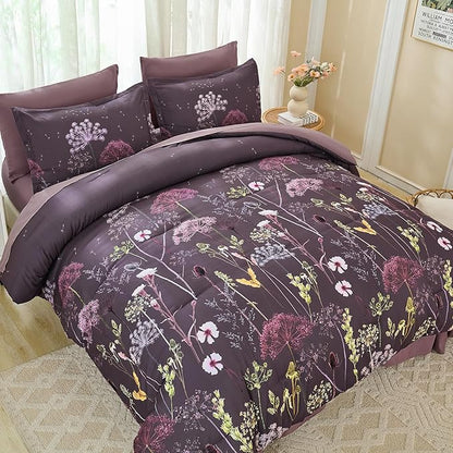 Yiran Purple Comforter Set Queen Size, 7 Piece Floral Dandelion Comforter Bedding Set, Botanical Bed in a Bag Queen, Soft Microfiber Complete Bedding Set with Sheets for All Season