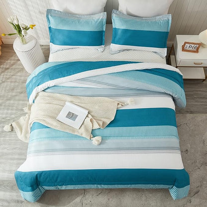 Litanika Full Comforter Set White Teal - 3 Pieces Lightweight Fluffy Bedding Comforter Sets, All Season Down Alternative Comforter (1 Comforter, 2 Pillowcases)