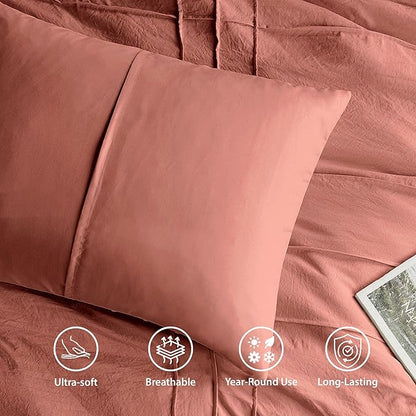King Size Comforter Set Orange, 3 Pieces Bedding Set, Ultra Soft Prewashed Bed Set, Pinch Pleat All Seasons Lightweight Comforter and Shams