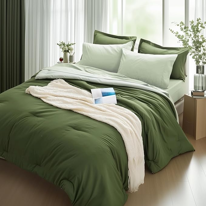 Queen Comforter Set 7 Pieces, Dark Green, Reversible Sage Green, Queen Bedding Sets, Soft Bed in a Bag Queen with Comforter, Sheets, Pillowcases & Shams, All Seasons Boho Bed Set