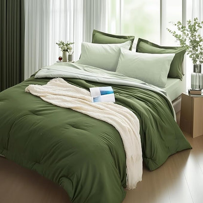 Queen Comforter Set 7 Pieces, Dark Green, Reversible Sage Green, Queen Bedding Sets, Soft Bed in a Bag Queen with Comforter, Sheets, Pillowcases & Shams, All Seasons Boho Bed Set