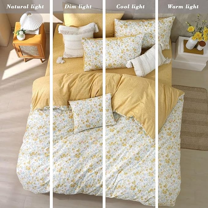 Natural Cotton 3pcs Floral Comforter Sets King Size-Yellow Comforter with Pink & Yellow Flowers and Blue & Green Leaves on White, Reversible Lightweight Bedding Sets(King 104"×90")
