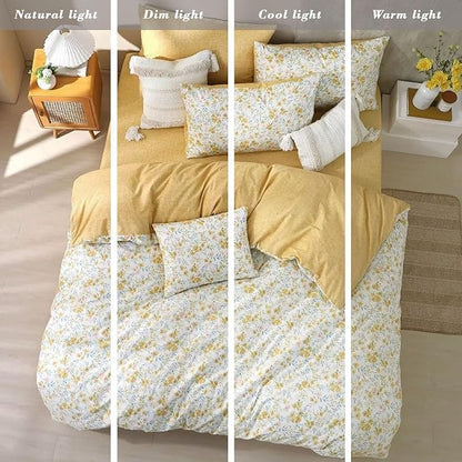 Natural Cotton 3pcs Floral Comforter Sets King Size-Yellow Comforter with Pink & Yellow Flowers and Blue & Green Leaves on White, Reversible Lightweight Bedding Sets(King 104"×90")