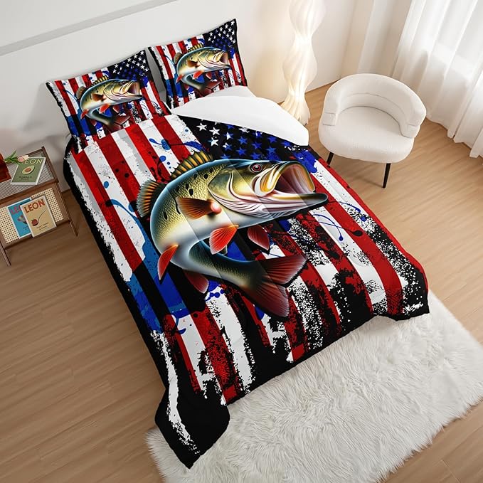 HOSIMA Big Pike Fishing Comforter Set,Bass Fish American Flag Pattern Hunting and Fishing Bed Set Queen Size for Boys Room Decor, Bed in a Bag for Teens with 2 Pillowcases.