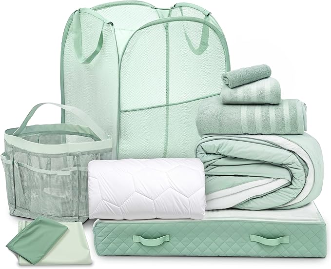 Hearth & Harbor Complete Dorm Room Set, Twin XL Comforter Set, Sheet Set, Mattress Protector, Towels and Organizers - All Dorm Accessories Included