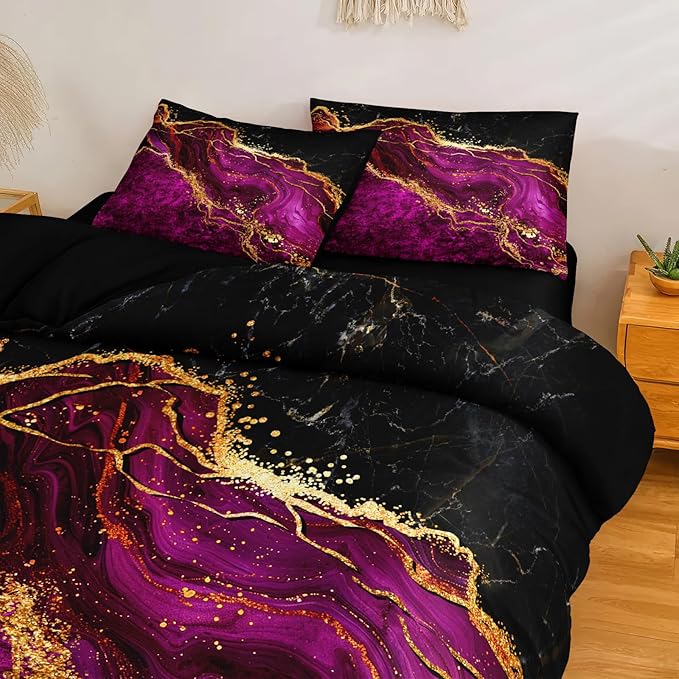 Black Gold Comforter Set 8 Pcs Hot Pink Marble Bedding Set Queen Size Bed in A Bag Purple and Black Marble Stone Texture Abstract Room Decor Black Marble Bed Comforter