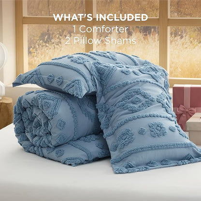 Bedsure Boho Tufted Blue Comforter King Size, GentleSoft™ 3 Pieces Boho Farmhouse Decor Bedding, Exquisite Shabby Chic Bedding for All Seasons, 1 Bed Comforter, 2 Pillow Shams, 104x90 Inches