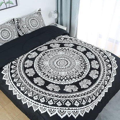 uxcell 3-Piece Bohemian Black Comforter Sets - 3D Printed Bohemia Themed - All-Season Down Quilted Duvet - Reversible Design - Includes 1 Comforter, 2 Pillow Cases Queen