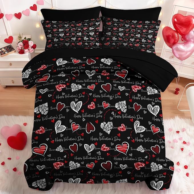 Nesker 7 Pcs Valentine's Day Comforter Set Queen Size, Romantic Heart Love Bedding Set for Kids and Adults, Sweet Kawaii Cartoon Sheets Bed Sheet Sets with Fitted Sheet 2 Pillowcases & 2 Shams