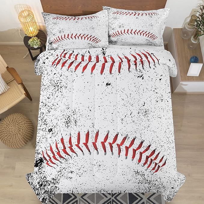NINENINE Baseball Comforter Set, Full Size, Sports Bedding, White Comforter Set with 1 Comforter 2 Pillowcases