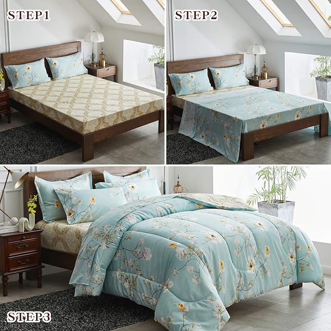 Joyreap 7 Piece Bed in a Bag King, Aqua Floral Elegant Design, Smooth Soft Microfiber Comforter Set (1 Comforter, 2 Pillow Shams, 1 Flat Sheet, 1 Fitted Sheet, 2 Pillowcases)