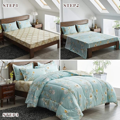 Joyreap 7 Piece Bed in a Bag King, Aqua Floral Elegant Design, Smooth Soft Microfiber Comforter Set (1 Comforter, 2 Pillow Shams, 1 Flat Sheet, 1 Fitted Sheet, 2 Pillowcases)