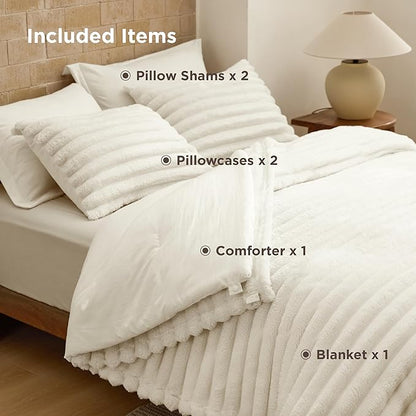 Bedsure Gentlesoft™ 2-in-1 King Size Comforter Set and Detachable Fluffy Blanket, Cream White Bedding Set For All Season Use, SnapTech™ Design for Space Saving (Includes 2 Pillow Shams, 2 Pillowcases)