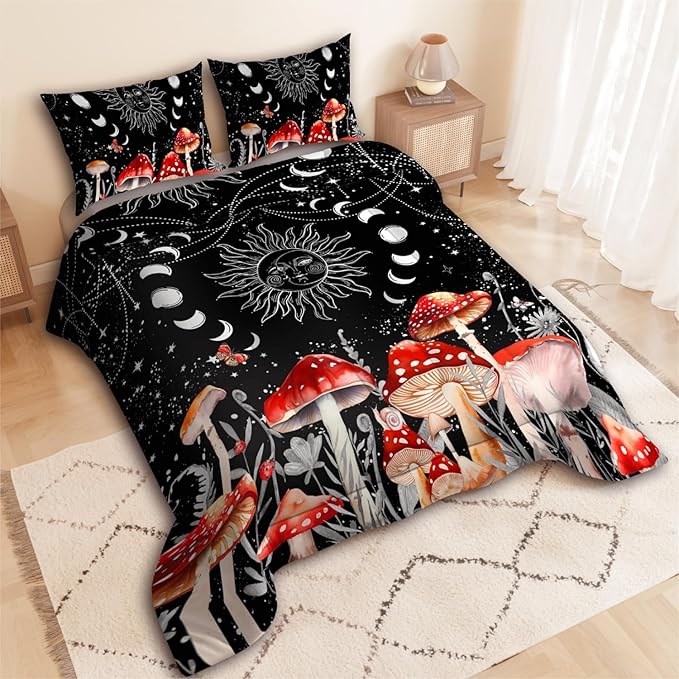 Sun Moon Boho Mushroom Comforter Sets for Kids Adults,3D Pattern Black Color,Decorative Bedding Comforter Sets with 2 Pillow Shams, Queen Size