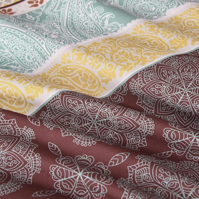 Cottolester Boho Comforter Set King Size,8 Pieces Red and Orange Bohemian Striped Bed in a Bag,Paisley Soft Microfiber Bedding Comforter Set