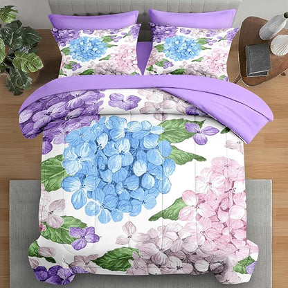 Comforter Set Twin Size, Hydrangea Flower Leaves 5 Pcs Bedding for Kids and Adults, Floral Purple Summer Bed Sheet Sets with Fitted Sheet Pillowcase & Sham for Bedroom Bed Decor