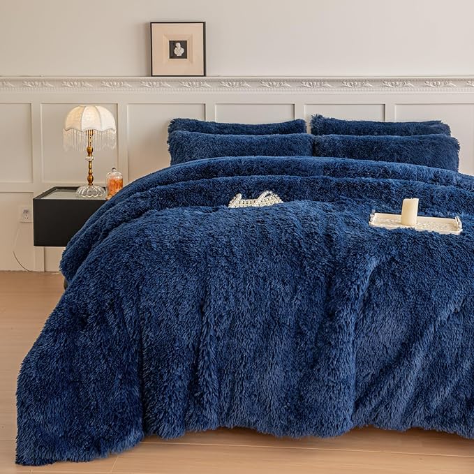 chovy Faux Fur Plush Royal Blue Comforter Sets King - Ultra Soft Shaggy Flannel Velvet Fluffy Fuzzy 3PC Bedding Set (Comforter x 1 Pillowcases x 2)