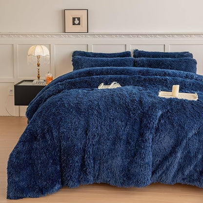 chovy Faux Fur Plush Royal Blue Comforter Sets King - Ultra Soft Shaggy Flannel Velvet Fluffy Fuzzy 3PC Bedding Set (Comforter x 1 Pillowcases x 2)