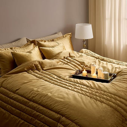 MUSSEL Velvet King Size Comforter Set 3 Pieces,Luxury Gold All Season Cozy Velvet Bedding Comforter Sets,Modern Striped Lightweight Fluffy Bedroom Sets