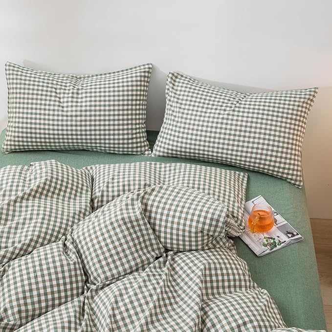 mixinni Green Gingham Comforter Set California King, Plaid Comforter Set 3 Pieces 1 Green Grid Comfoter with 2 Pillow Cases for All Seasons, Soft Fluffy Modern Grid Pattern Printed Bedding