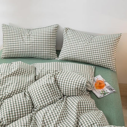 mixinni Green Gingham Comforter Set California King, Plaid Comforter Set 3 Pieces 1 Green Grid Comfoter with 2 Pillow Cases for All Seasons, Soft Fluffy Modern Grid Pattern Printed Bedding