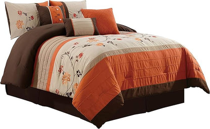 Chezmoi Collection Serene 7-Piece Luxury Autumn Floral Embroidery Comforter Set, King, Orange/Brown/Taupe
