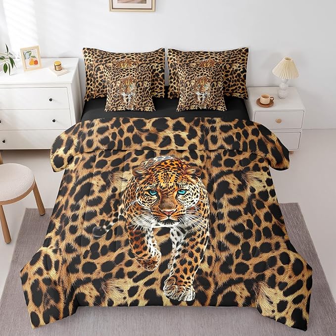 Cheetah Comforter Set 7 Pieces,African Leopard Skin Print Bed Set,Luxury Wildlife Animal Theme Bedding Set for Kids,Queen(1 Comforter,2 Pillowcase,2 Pillow Covers,1 Flat Sheet,1 Fitted Sheet)