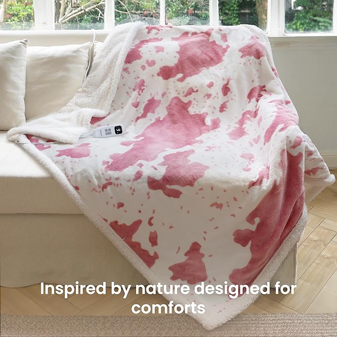 Cow Print Heated Throw Blanket Electric Blanket-Heating Blanket Throw with 10 Heat Levels & 10 Hours Auto-Off, Cozy Soft Fleece Sherpa, Washable, 50 x 60 Inches Cow Print Pink