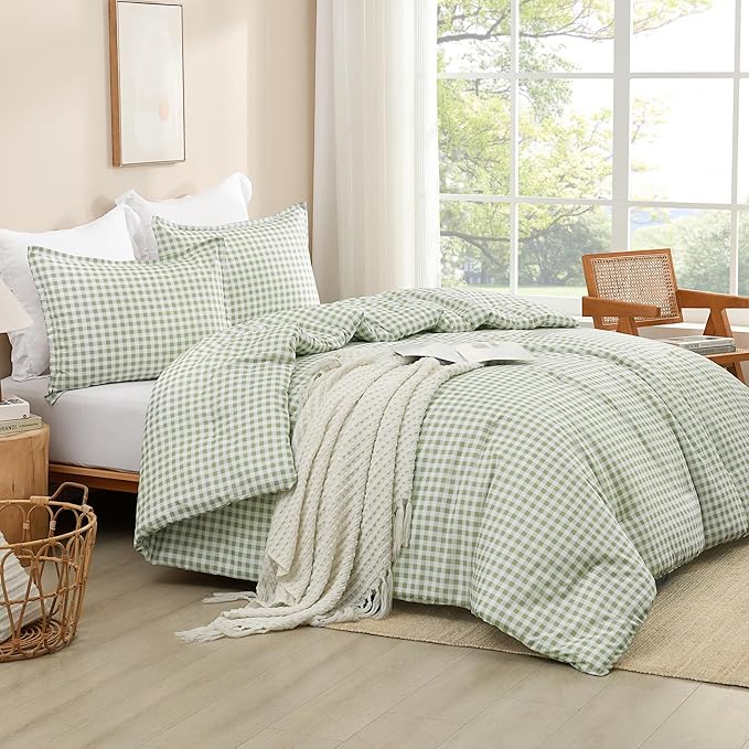 Andency Sage Gingham Comforter Set Twin(66x90Inch), Green Checkered Grid Plaid Buffalo Bed Set for Girls Boys Kids Teens, 2 Pieces Lightweight Microfiber Geometric Preppy Bedding
