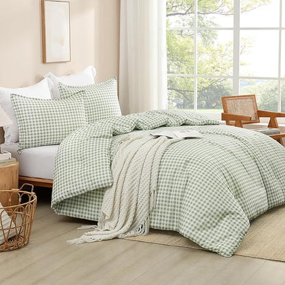 Andency Sage Gingham Comforter Set Full(79x90Inch), Green Checkered Grid Plaid Buffalo Bed Set for Girls Boys Kids Teens, 3 Pieces Lightweight Microfiber Geometric Preppy Bedding