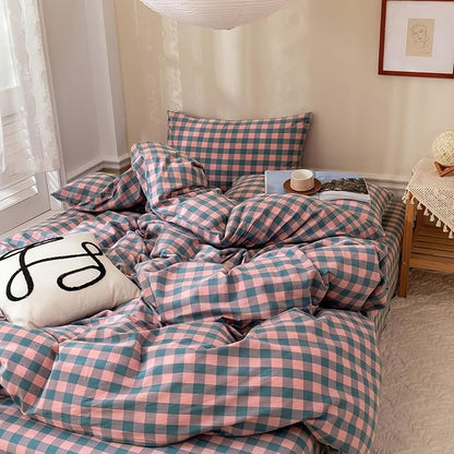 VM VOUGEMARKET Plaid Bedding Comforter Set King Pink Purple Blue Plaid Grid Down Comforter with 2 Pillowcases,Modern Women Girls Quilt Set