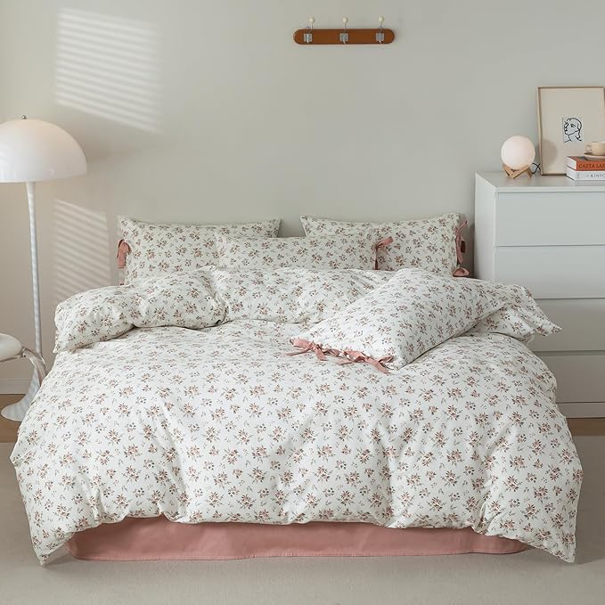 mixinni 3pcs Boho Floral Comforter Set Queen Size, Garden Style Pink White Flower Leaves Bedding Comforter Sets for Women, 1 Soft Botanical Comforter and 2 Bow tie Pillowcases for All Seasons